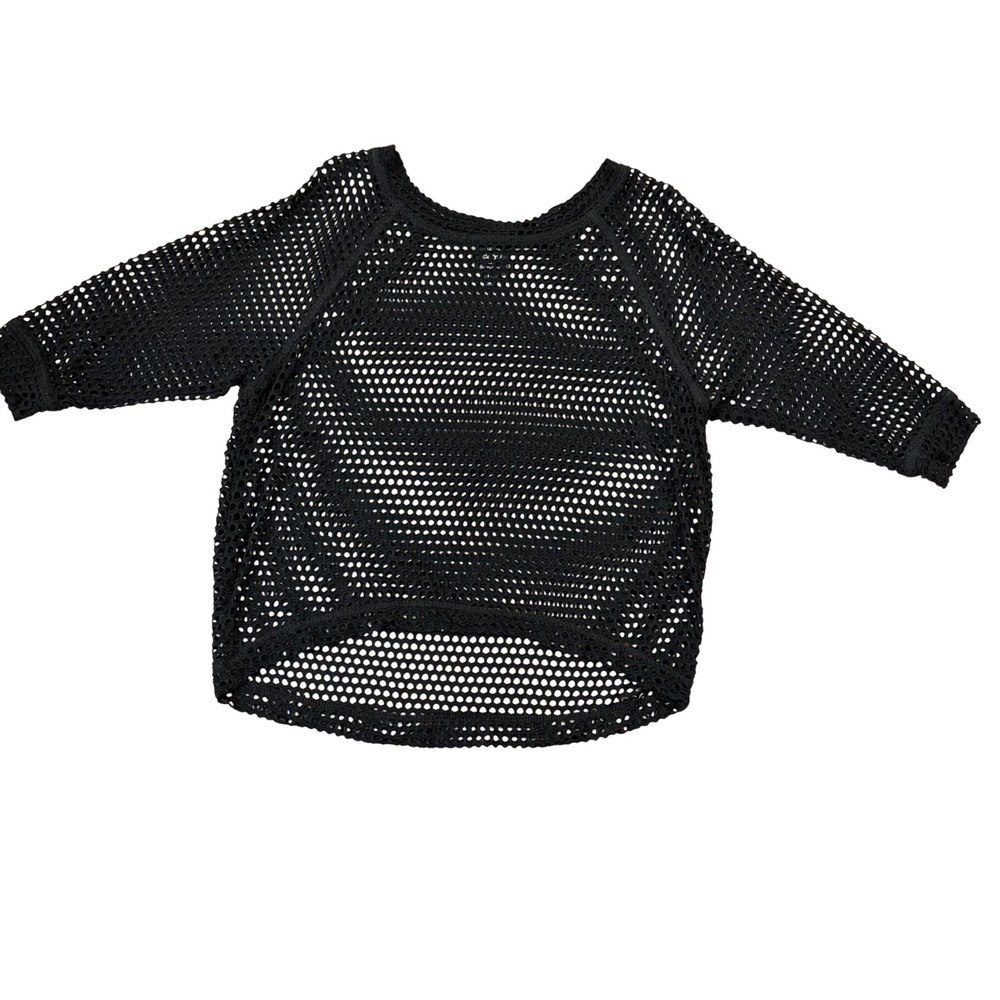Bobeau Black Open Knit Mesh Raglan Top Sheer Honeycomb Medium Festival Layering